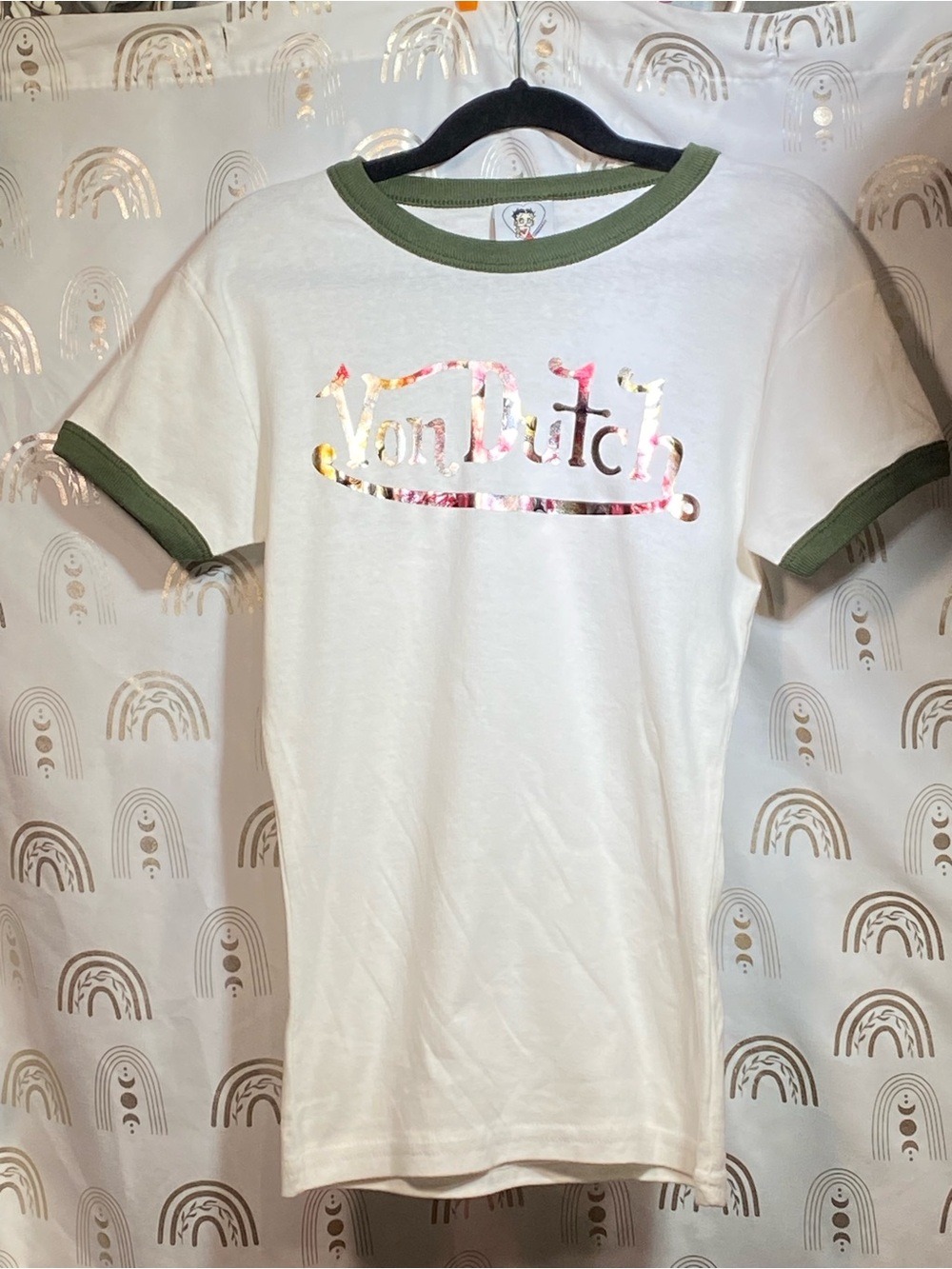 Betty Boop White Short Sleeve Tee with Olive Trim and Rose Gold Foil Logo